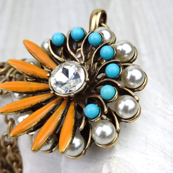 Cookie Lee Faux Pearl Turquoise & Coral Flower Pendant Choker Necklace - Picture 10 of 15